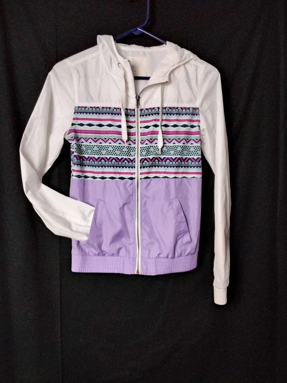 Zine Clothing White and Lavender Hooded Zip Bomber Jacket with Aztec Panel